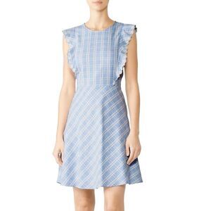 Draper James Linen Embroidered plaid ruffle flutter sleeve pinafore dress S